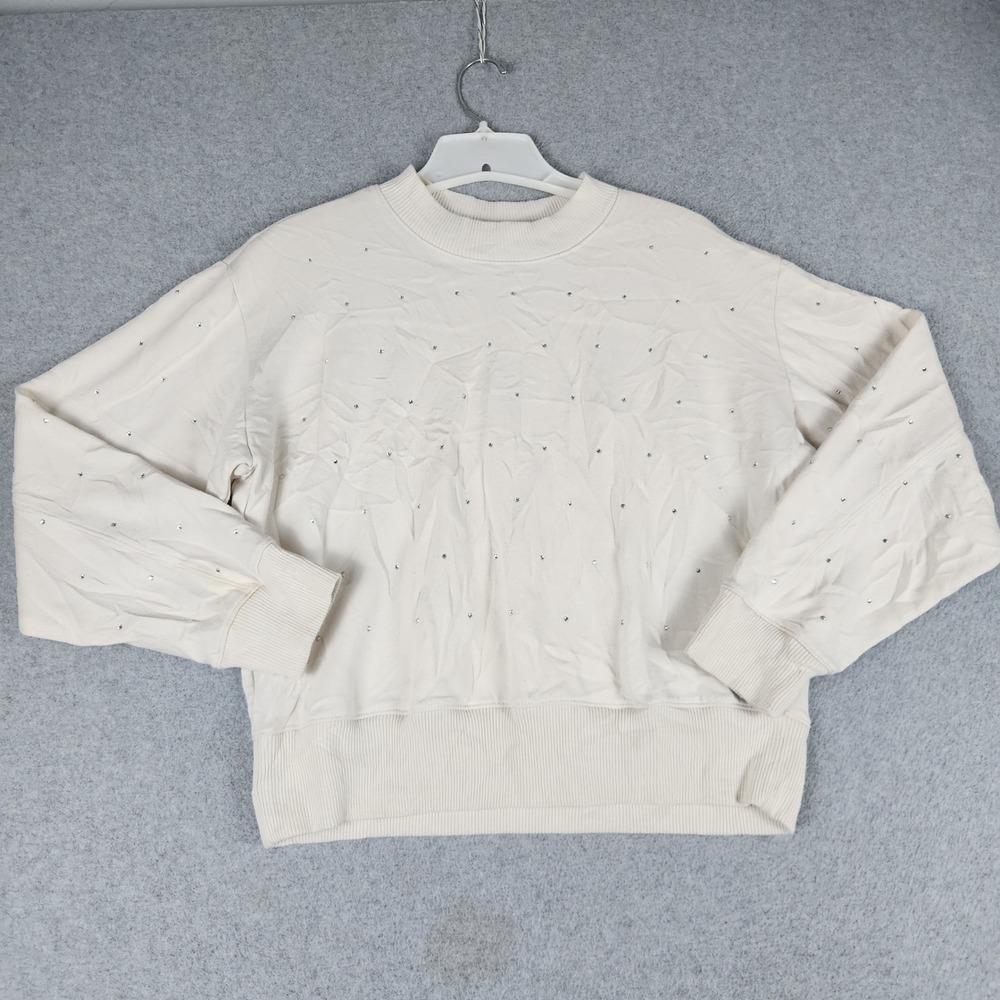 A New Day Sweatshirt Women XS Beige Fleece Lined Rhinestone Long Sleeve Crewneck